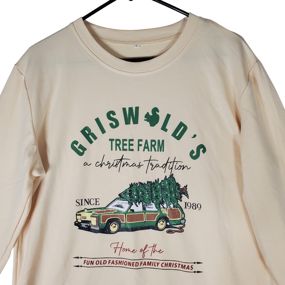 Griswold's Tree Farm Christmas Sweatshirt Cream Beige Size L Holiday Graphic